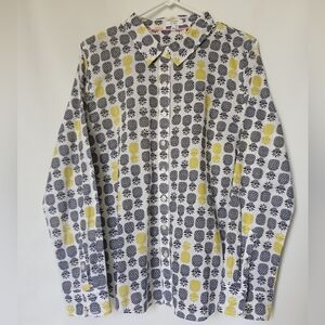 Crown & Ivy Womens Shirt Pineapple Print Long Sleeves L White/Yellow/Black